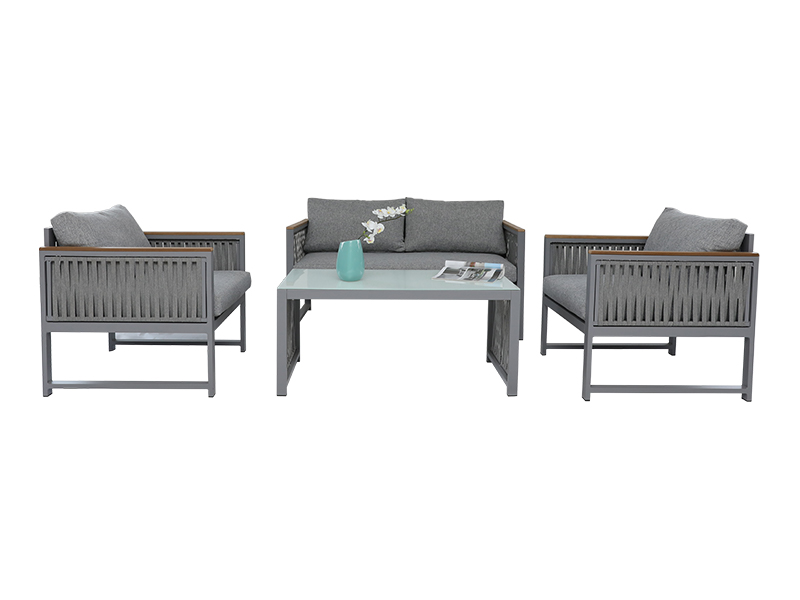 KD Design Garden Outdoor Furniture Woven Tali Tali Sofa Set dengan kusyen tempat duduk, Kayu sintetik di Armrest YQC-2786