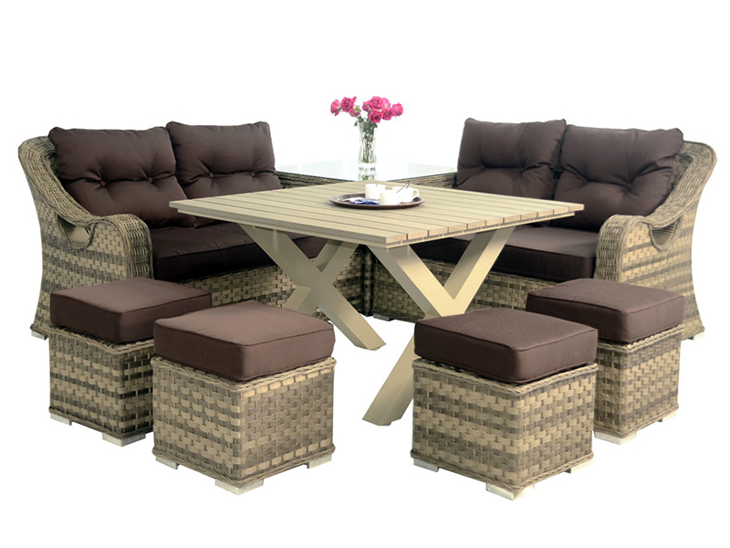 set meja makan luar moden, set kerusi rotan aluminium dan meja dengan kayu sintetik di atas, yqr-542a
